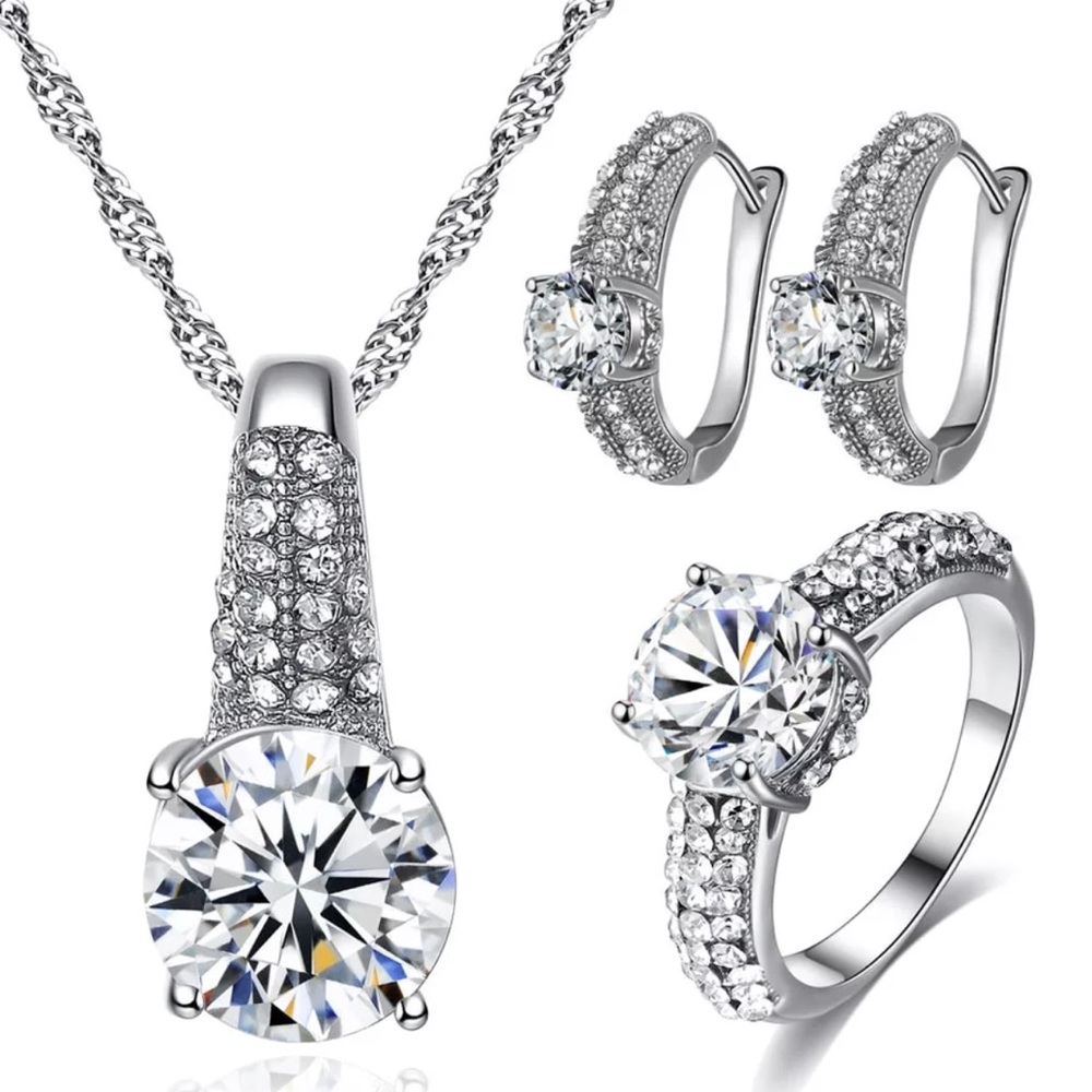 Set CZ Crystal Necklace/Earrings/Ring Size 7 NEW